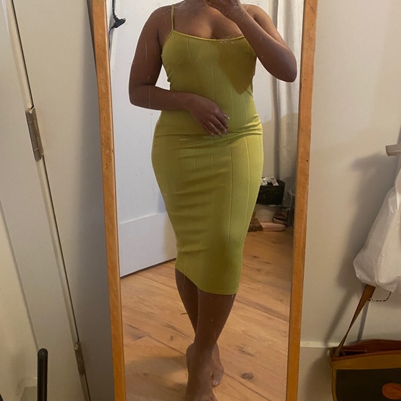 Olive Green Ribbed Midi Dress - Picture 3 of 4